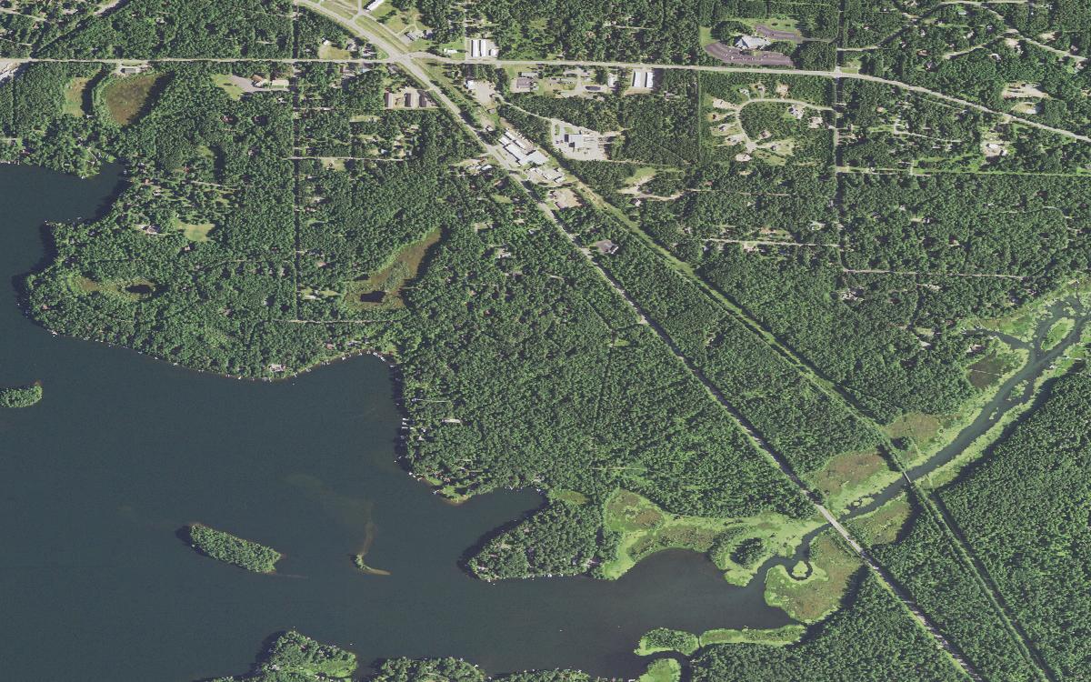 Aerial view of the eastern basin of Lake Minocqua showing its islands and bays