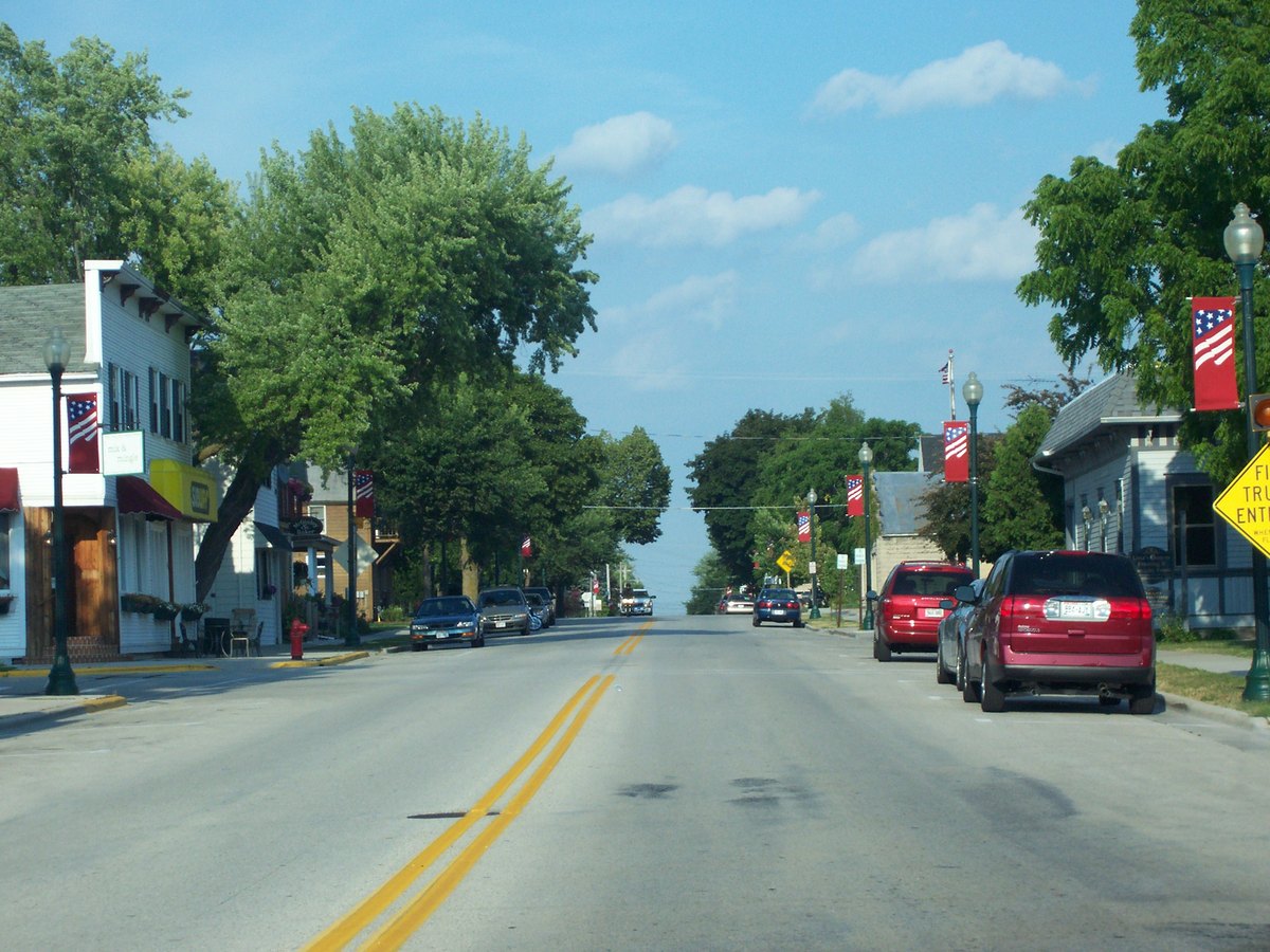 Downtown Elkhart Lake looking east along the main street, shopfronts on both sides