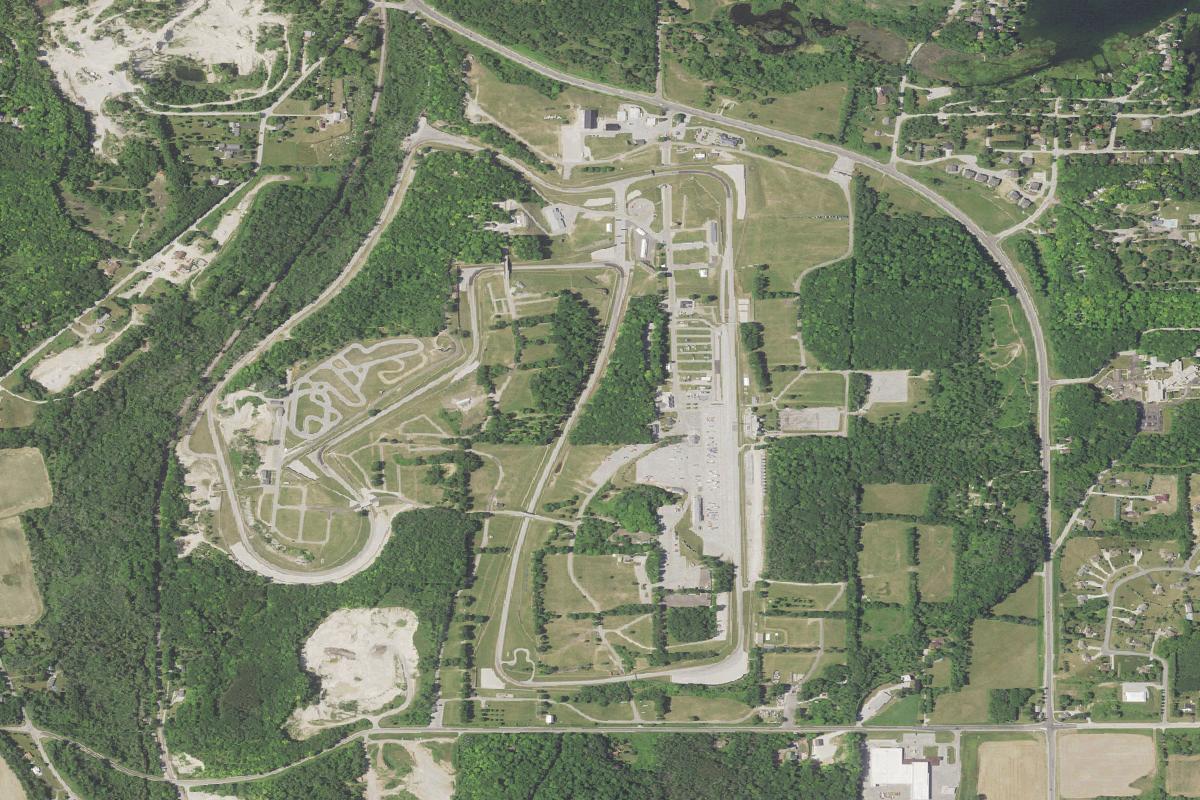 Aerial view of the Road America motor racing circuit south of Elkhart Lake, its full loop visible against surrounding farmland