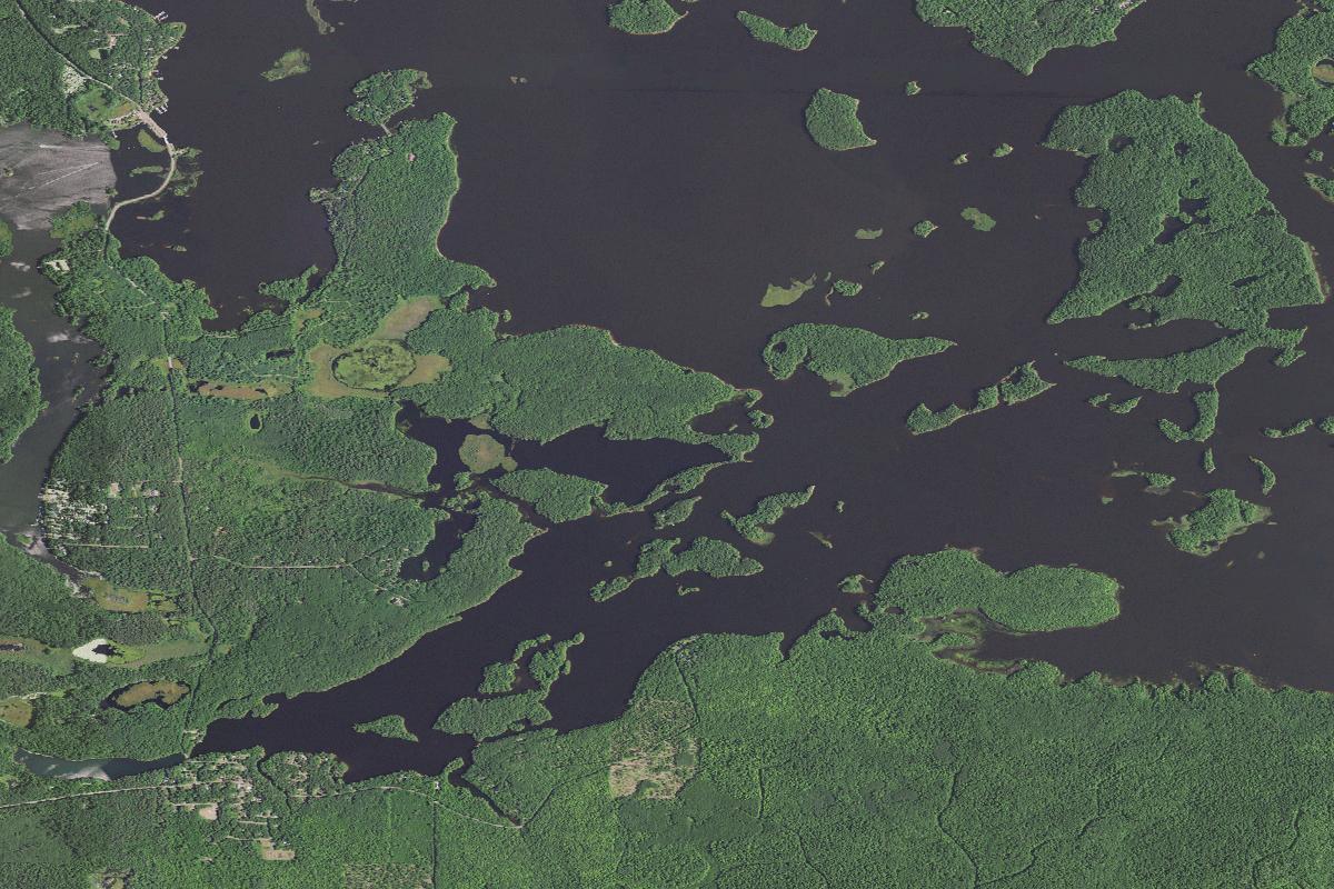 Aerial view of the Chippewa Flowage east of Hayward, a maze of undeveloped wooded islands and irregular open water