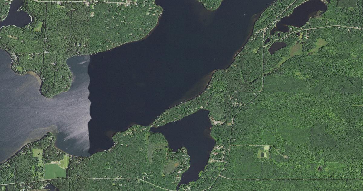 Aerial view of Lac Courte Oreilles showing its lobed bays and wooded points